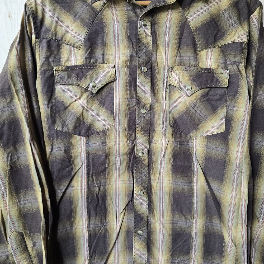Wrangler Western Long Sleeve Pearl Snap Button Up Plaid Shirt Mens - Picture 4 of 8